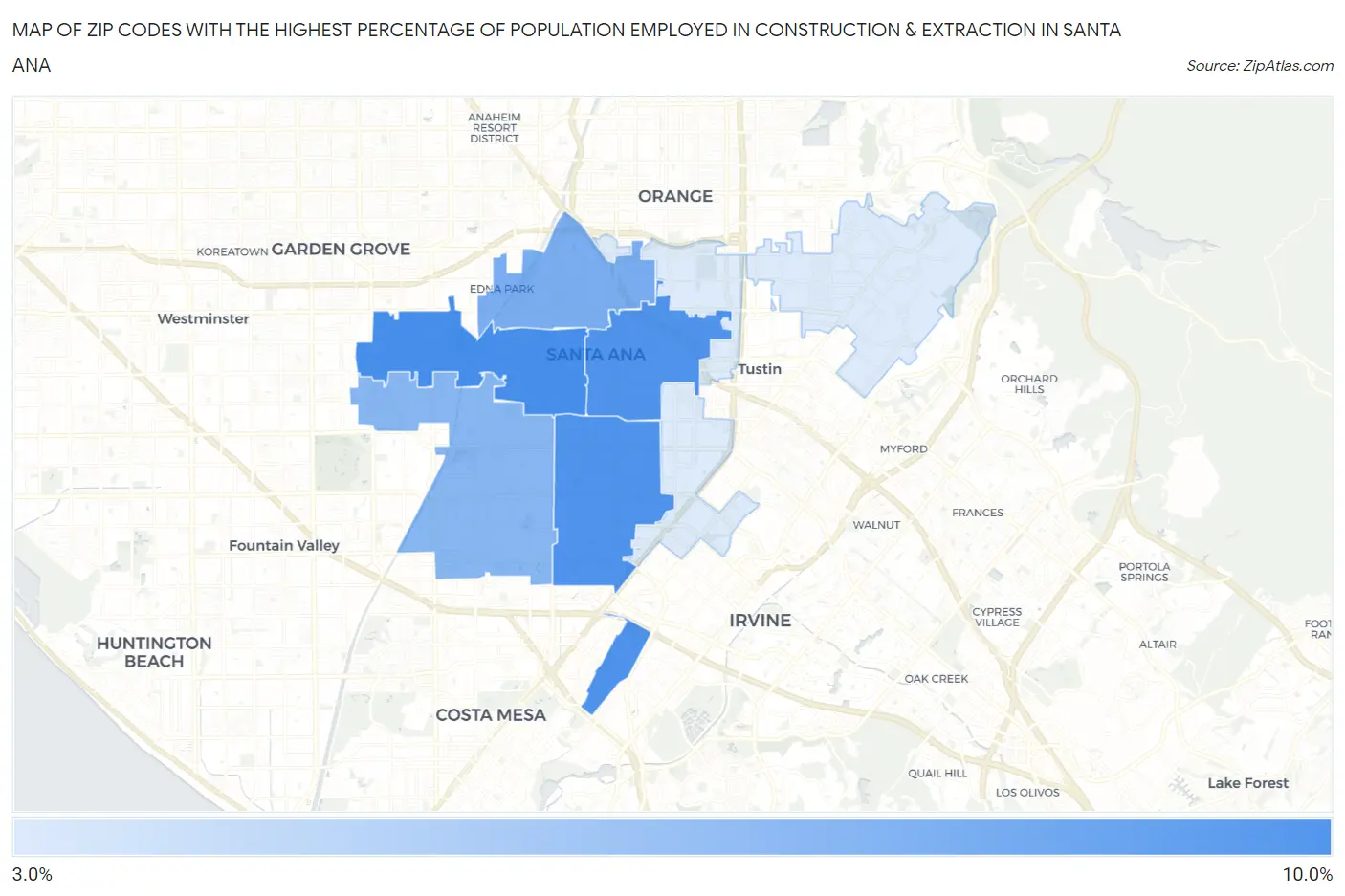 Zip Codes with the Highest Percentage of Population Employed in Construction & Extraction in Santa Ana Map