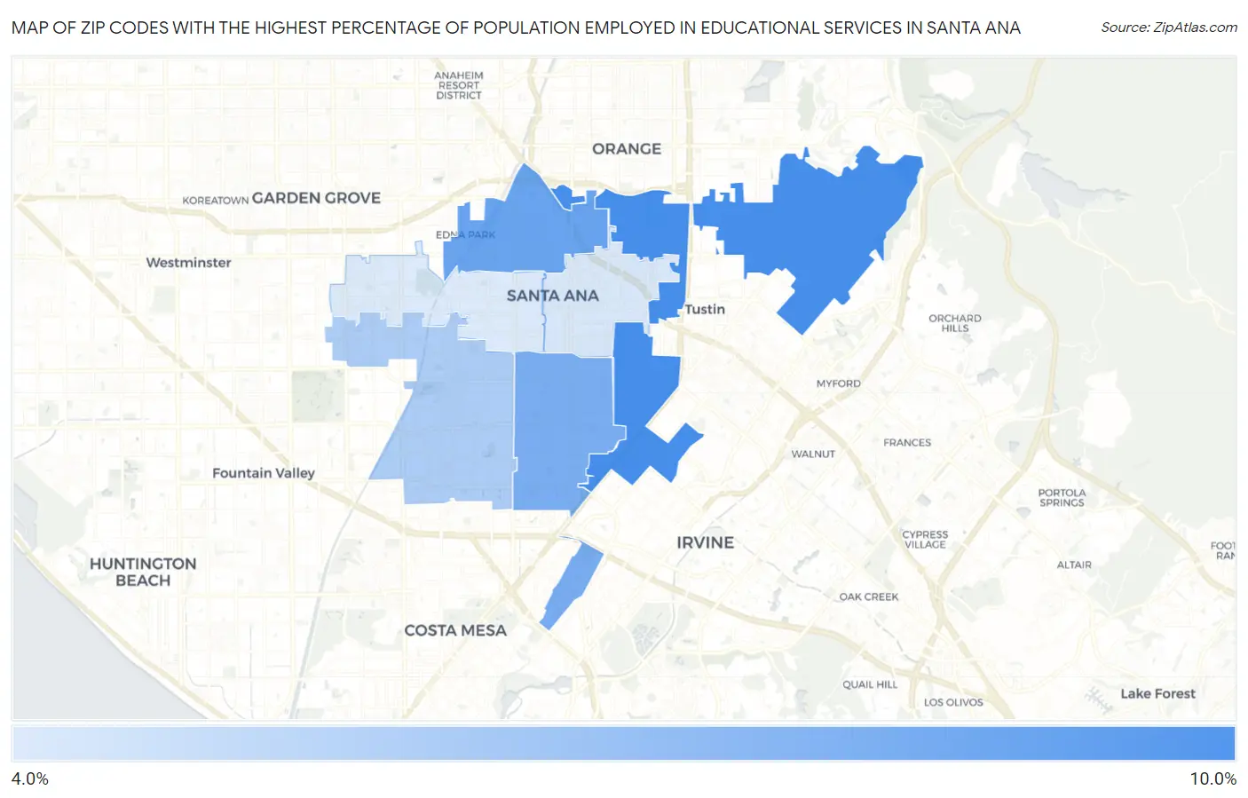 Zip Codes with the Highest Percentage of Population Employed in Educational Services in Santa Ana Map