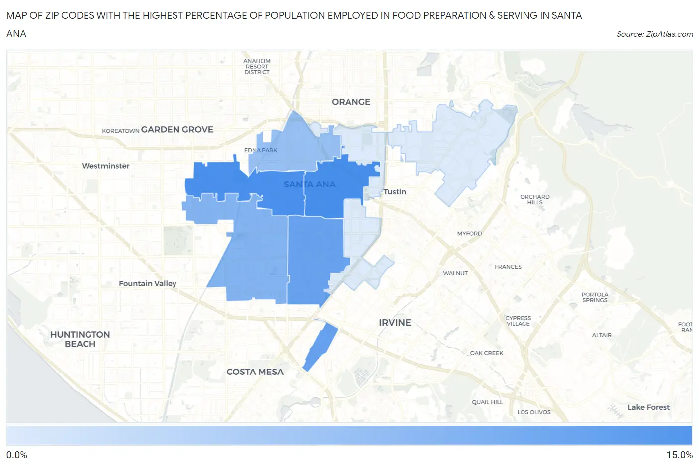 Zip Codes with the Highest Percentage of Population Employed in Food Preparation & Serving in Santa Ana Map