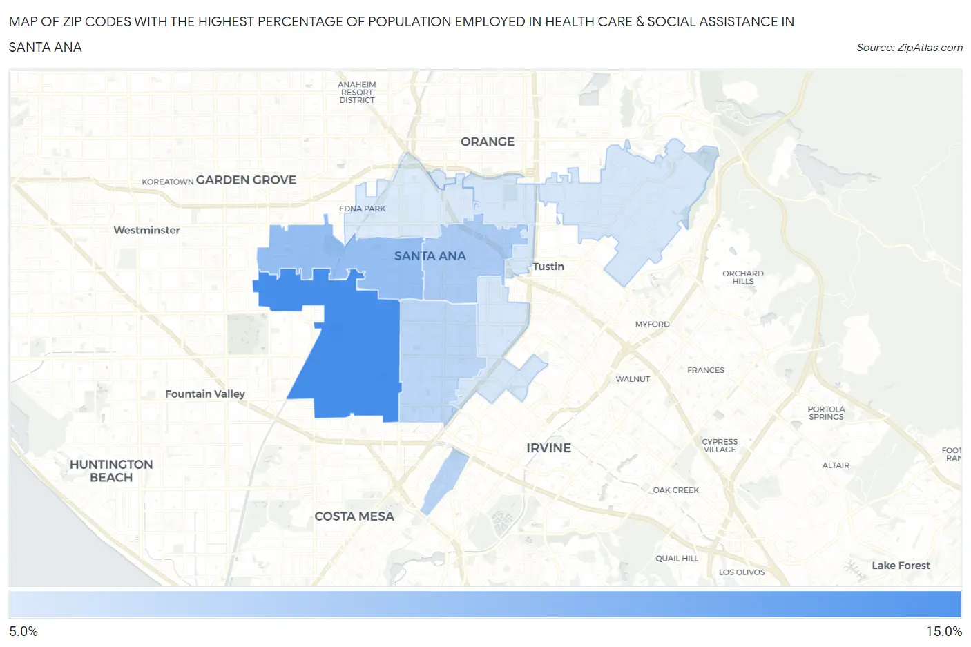 Zip Codes with the Highest Percentage of Population Employed in Health Care & Social Assistance in Santa Ana Map