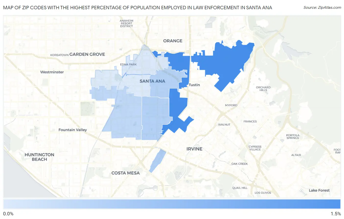 Zip Codes with the Highest Percentage of Population Employed in Law Enforcement in Santa Ana Map