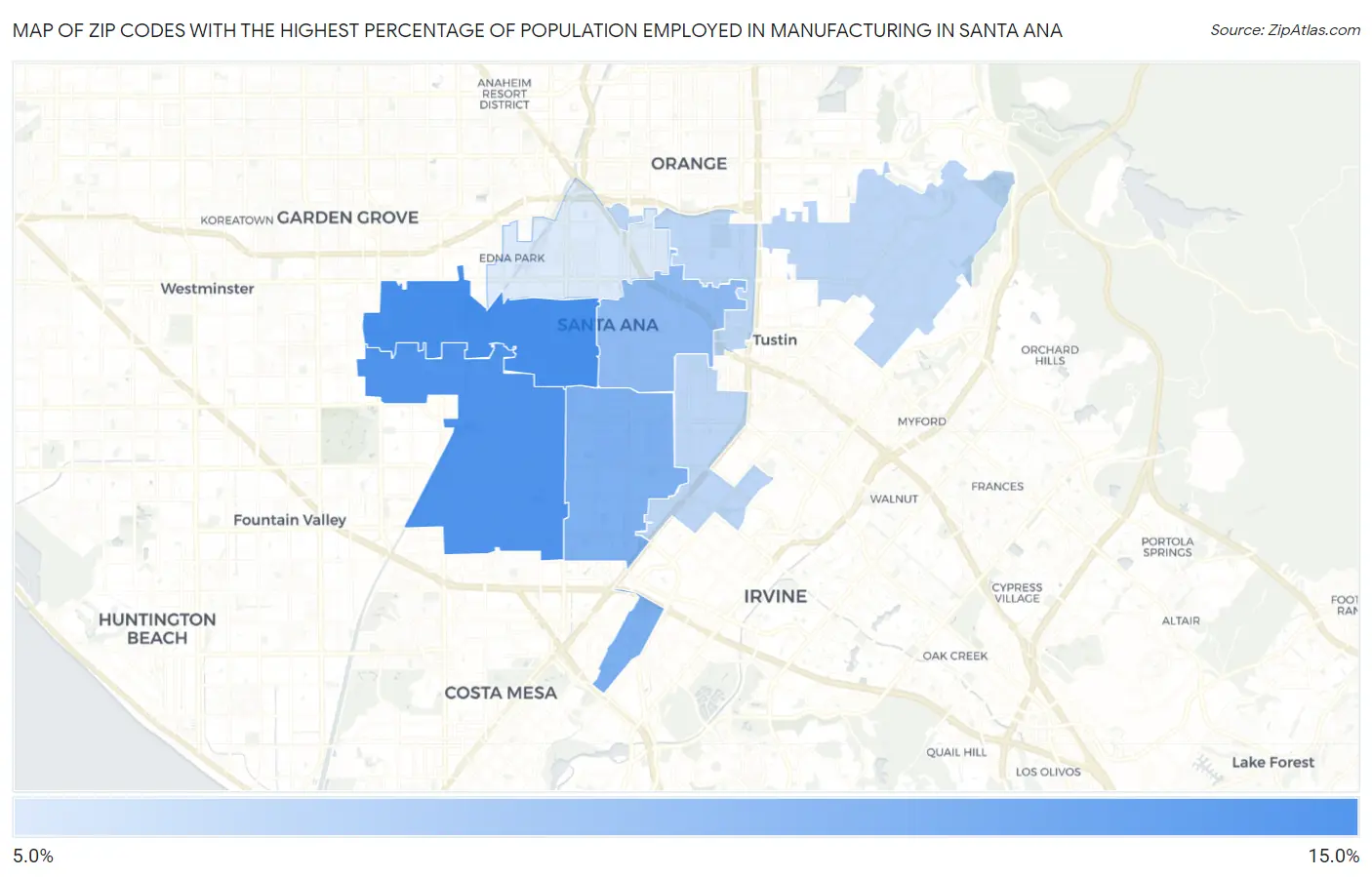 Zip Codes with the Highest Percentage of Population Employed in Manufacturing in Santa Ana Map