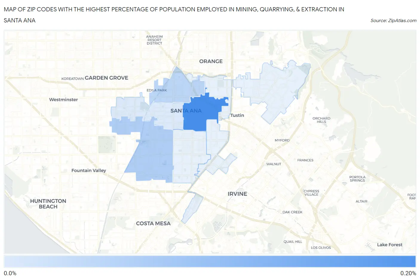Zip Codes with the Highest Percentage of Population Employed in Mining, Quarrying, & Extraction in Santa Ana Map
