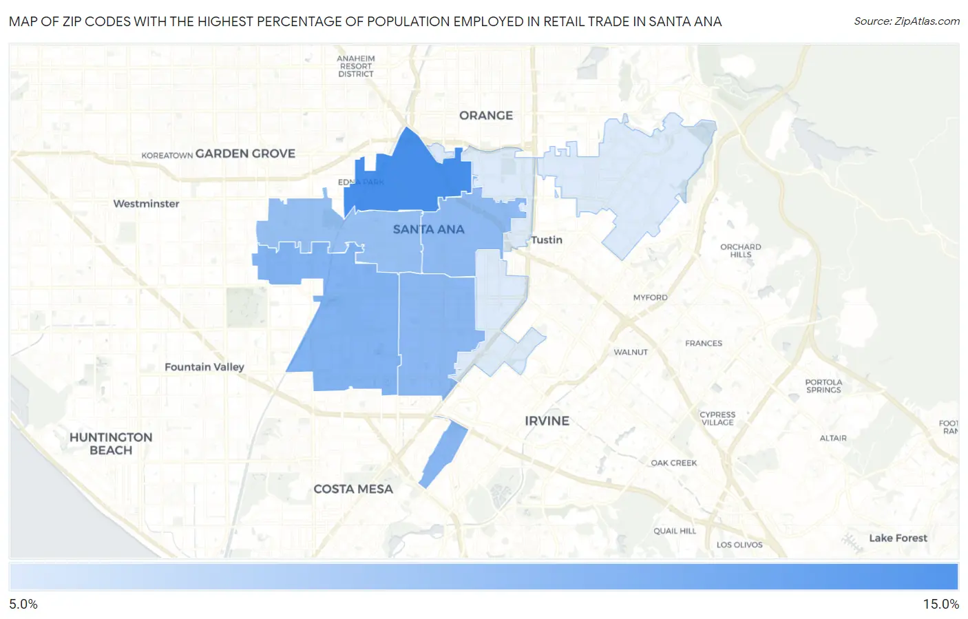 Zip Codes with the Highest Percentage of Population Employed in Retail Trade in Santa Ana Map