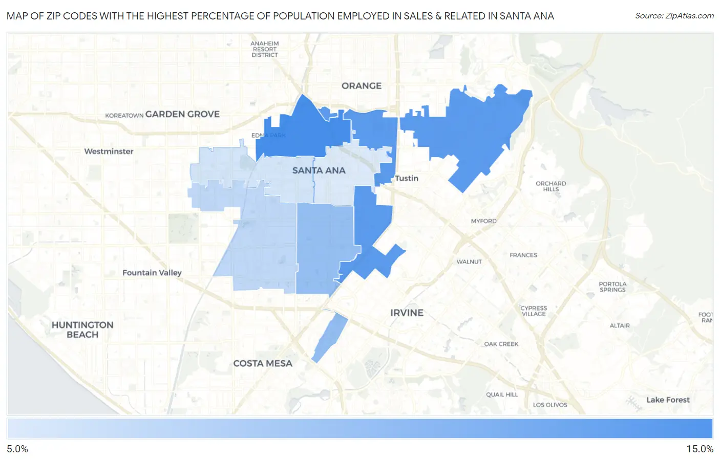 Zip Codes with the Highest Percentage of Population Employed in Sales & Related in Santa Ana Map