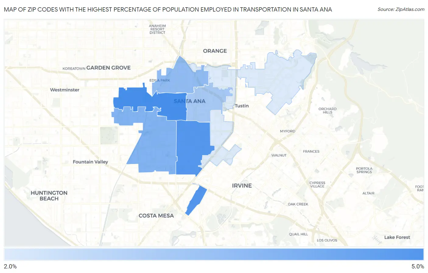 Zip Codes with the Highest Percentage of Population Employed in Transportation in Santa Ana Map