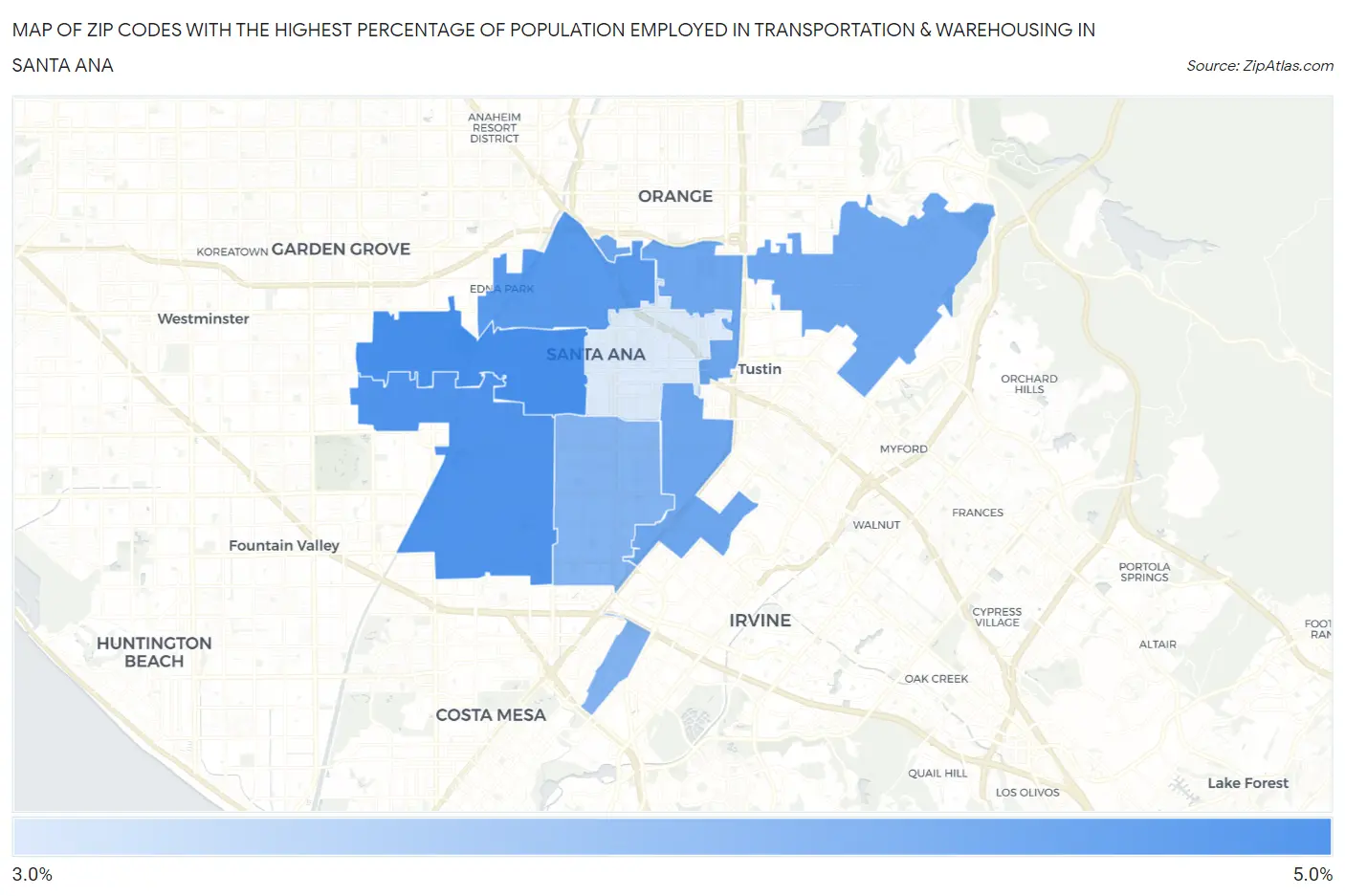 Zip Codes with the Highest Percentage of Population Employed in Transportation & Warehousing in Santa Ana Map