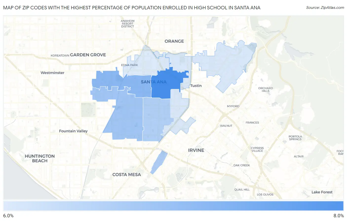 Zip Codes with the Highest Percentage of Population Enrolled in High School in Santa Ana Map
