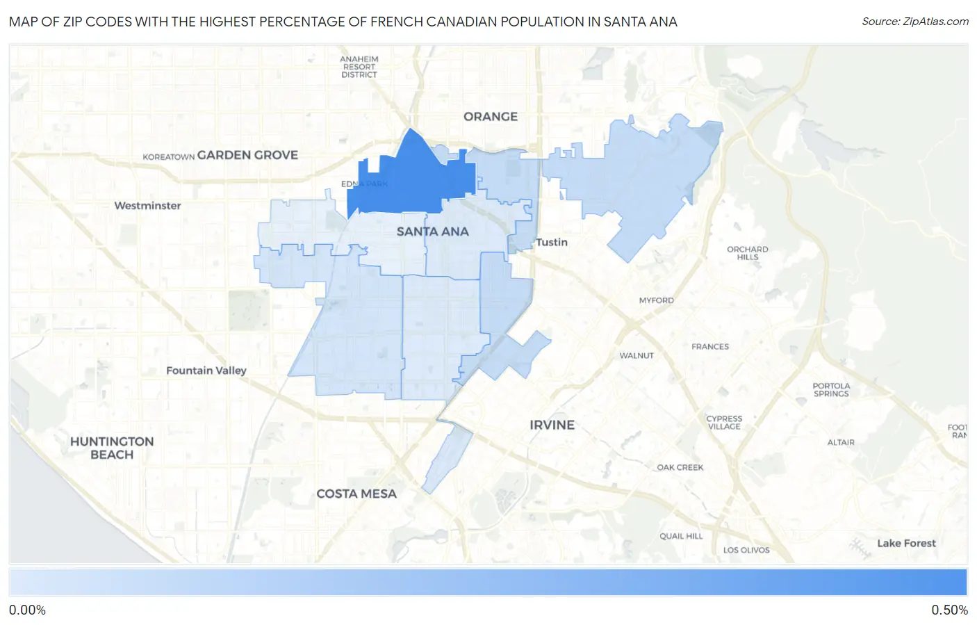 Zip Codes with the Highest Percentage of French Canadian Population in Santa Ana Map
