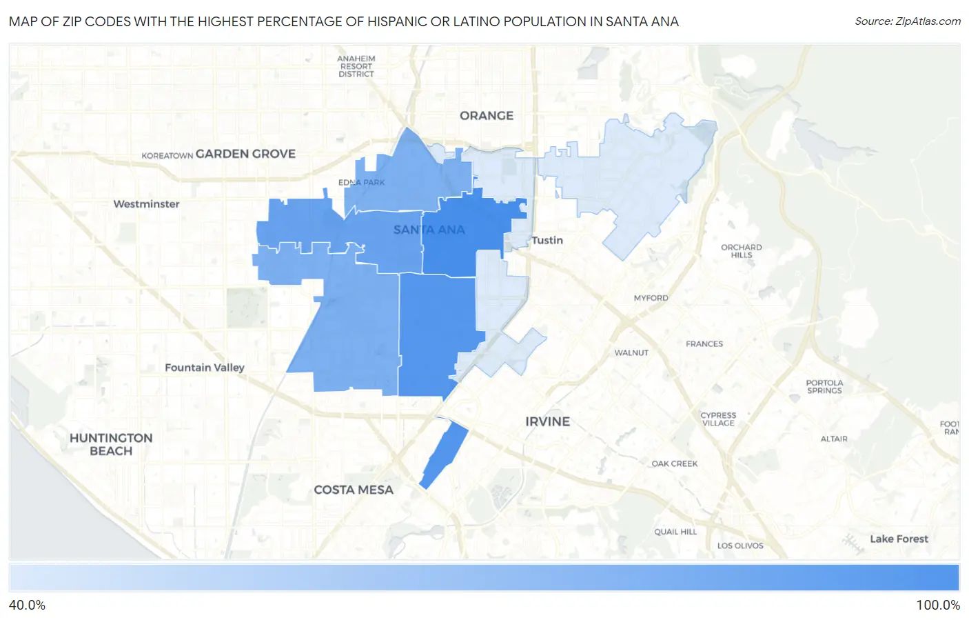 Zip Codes with the Highest Percentage of Hispanic or Latino Population in Santa Ana Map