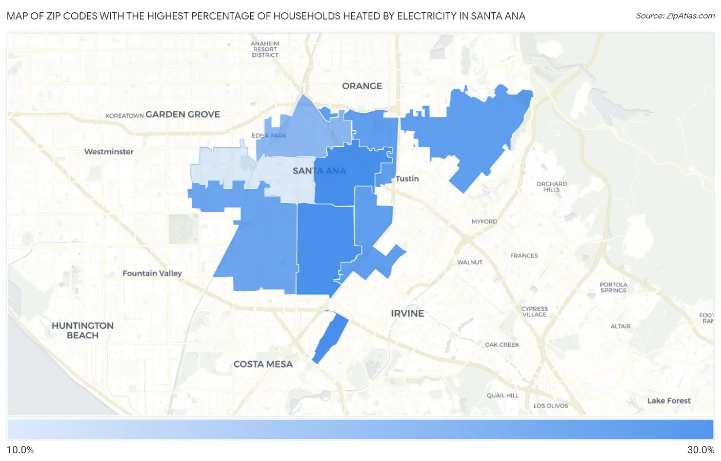 Zip Codes with the Highest Percentage of Households Heated by Electricity in Santa Ana Map