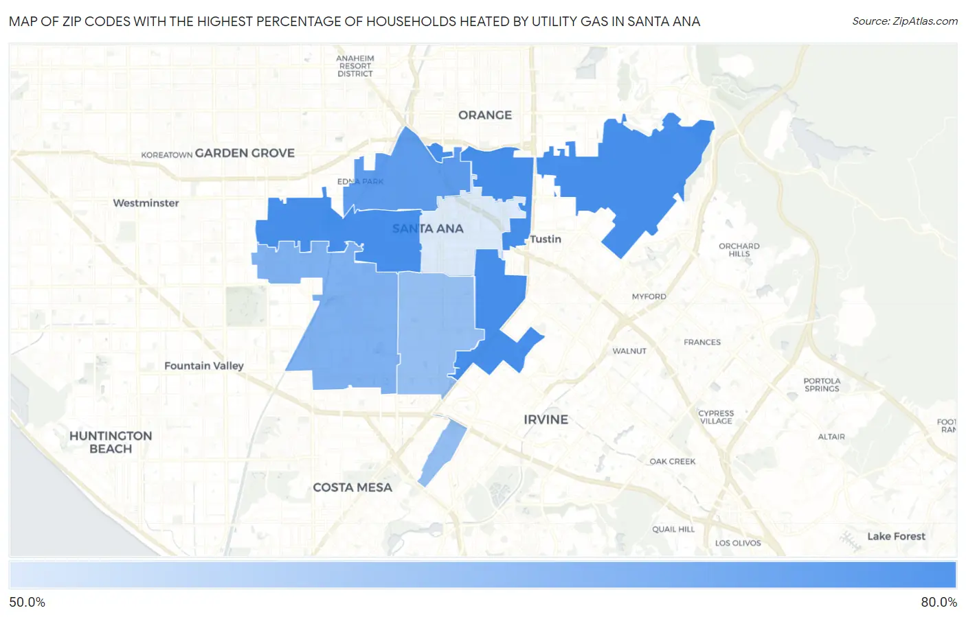 Zip Codes with the Highest Percentage of Households Heated by Utility Gas in Santa Ana Map