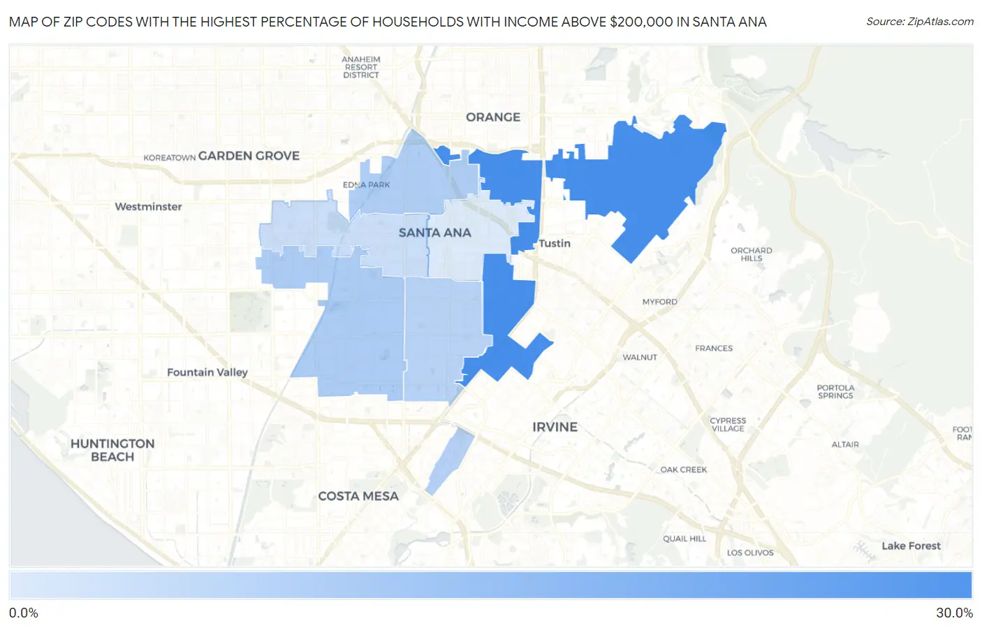 Zip Codes with the Highest Percentage of Households with Income Above $200,000 in Santa Ana Map