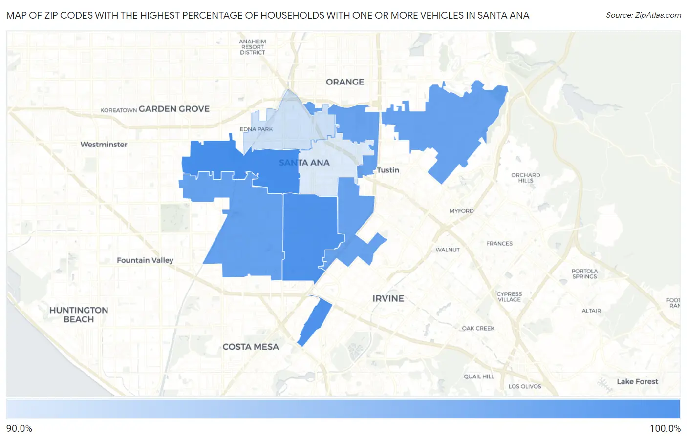 Zip Codes with the Highest Percentage of Households With One or more Vehicles in Santa Ana Map