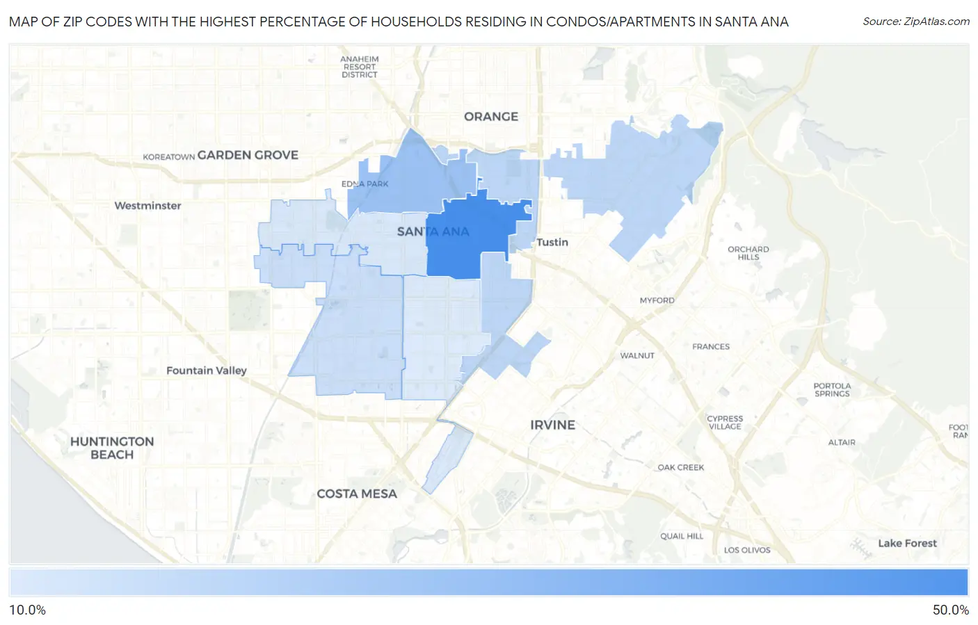 Zip Codes with the Highest Percentage of Households Residing in Condos/Apartments in Santa Ana Map
