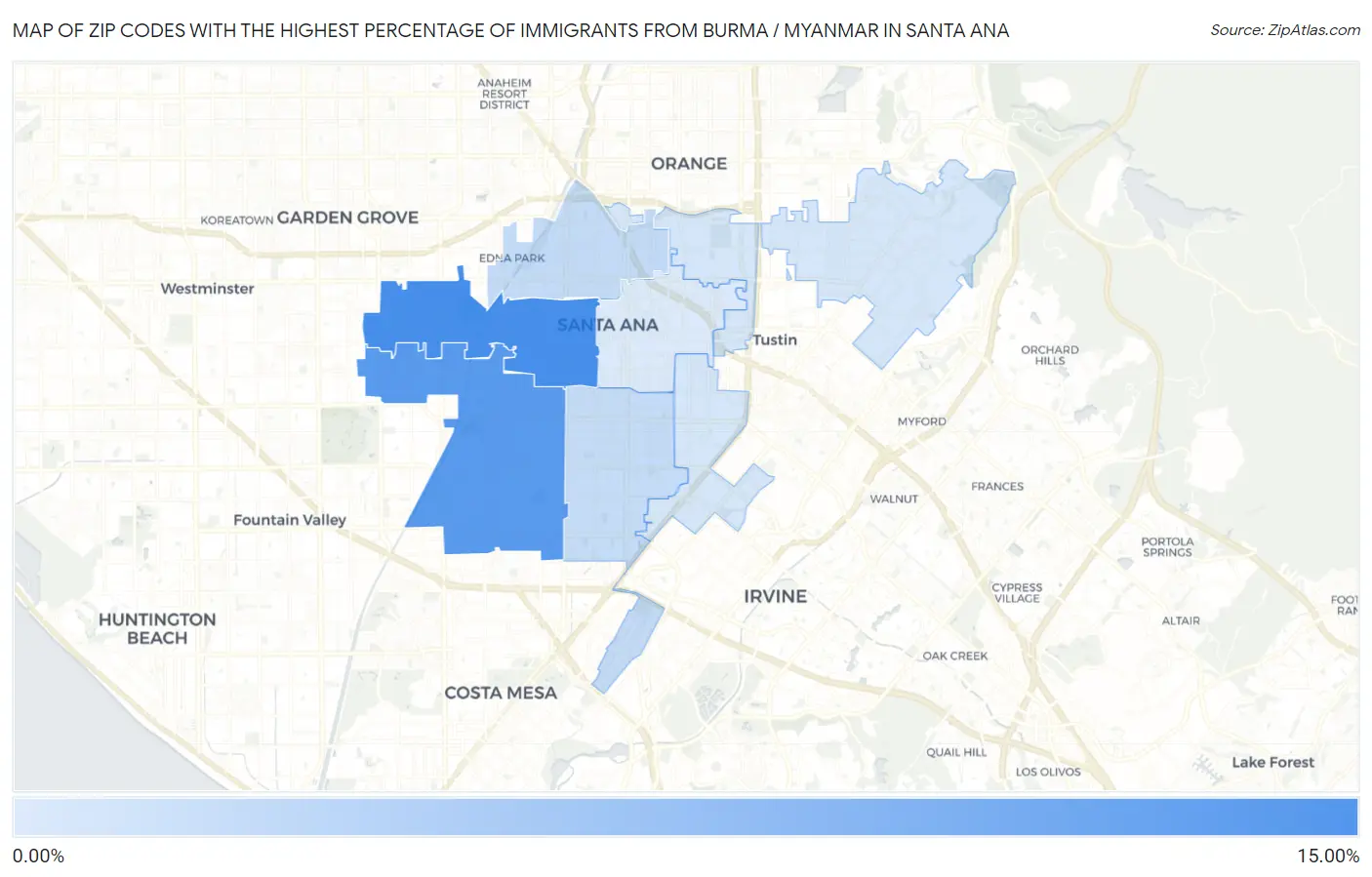 Zip Codes with the Highest Percentage of Immigrants from Burma / Myanmar in Santa Ana Map