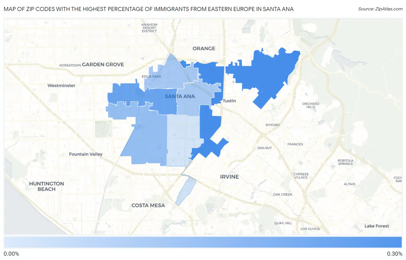 Zip Codes with the Highest Percentage of Immigrants from Eastern Europe in Santa Ana Map