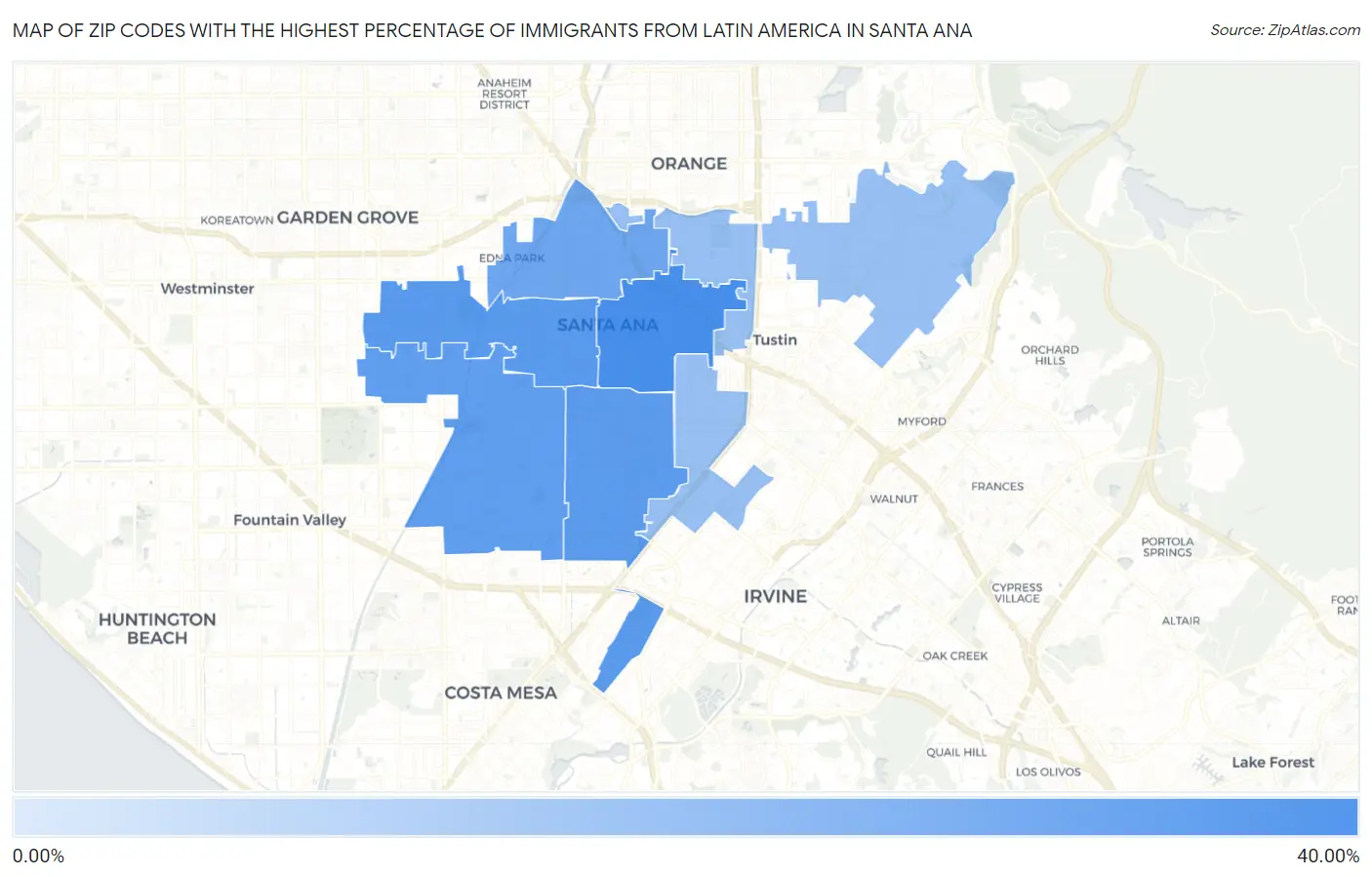 Zip Codes with the Highest Percentage of Immigrants from Latin America in Santa Ana Map