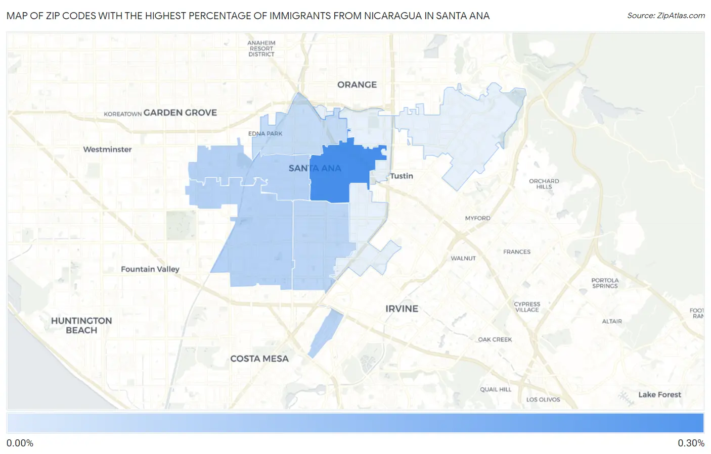 Zip Codes with the Highest Percentage of Immigrants from Nicaragua in Santa Ana Map
