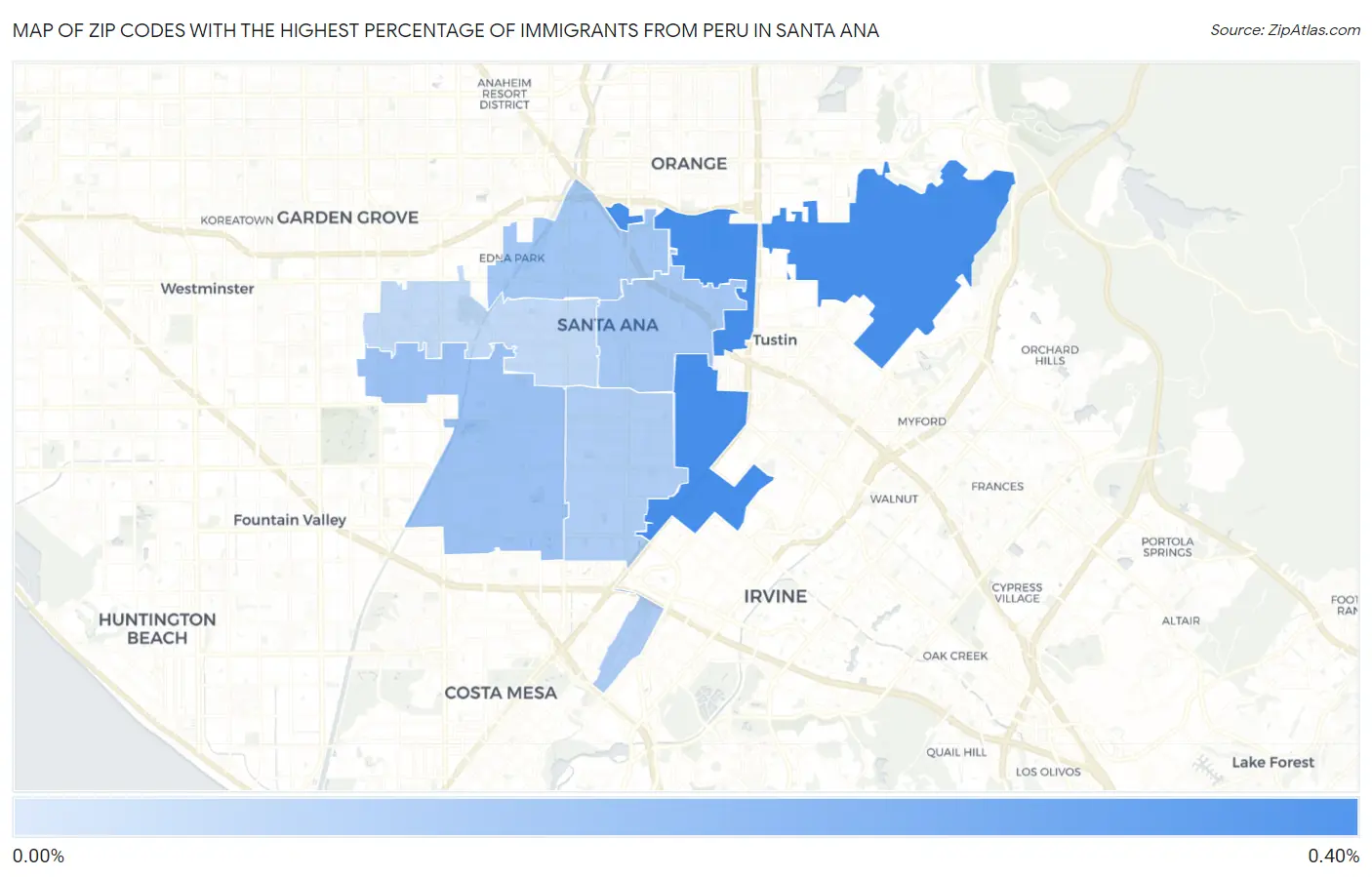 Zip Codes with the Highest Percentage of Immigrants from Peru in Santa Ana Map