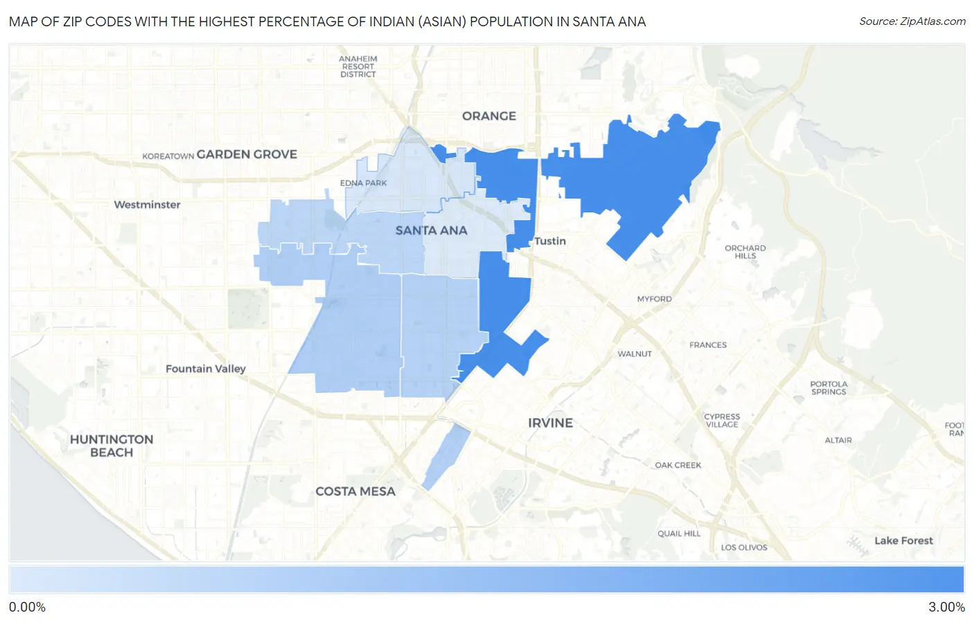 Zip Codes with the Highest Percentage of Indian (Asian) Population in Santa Ana Map