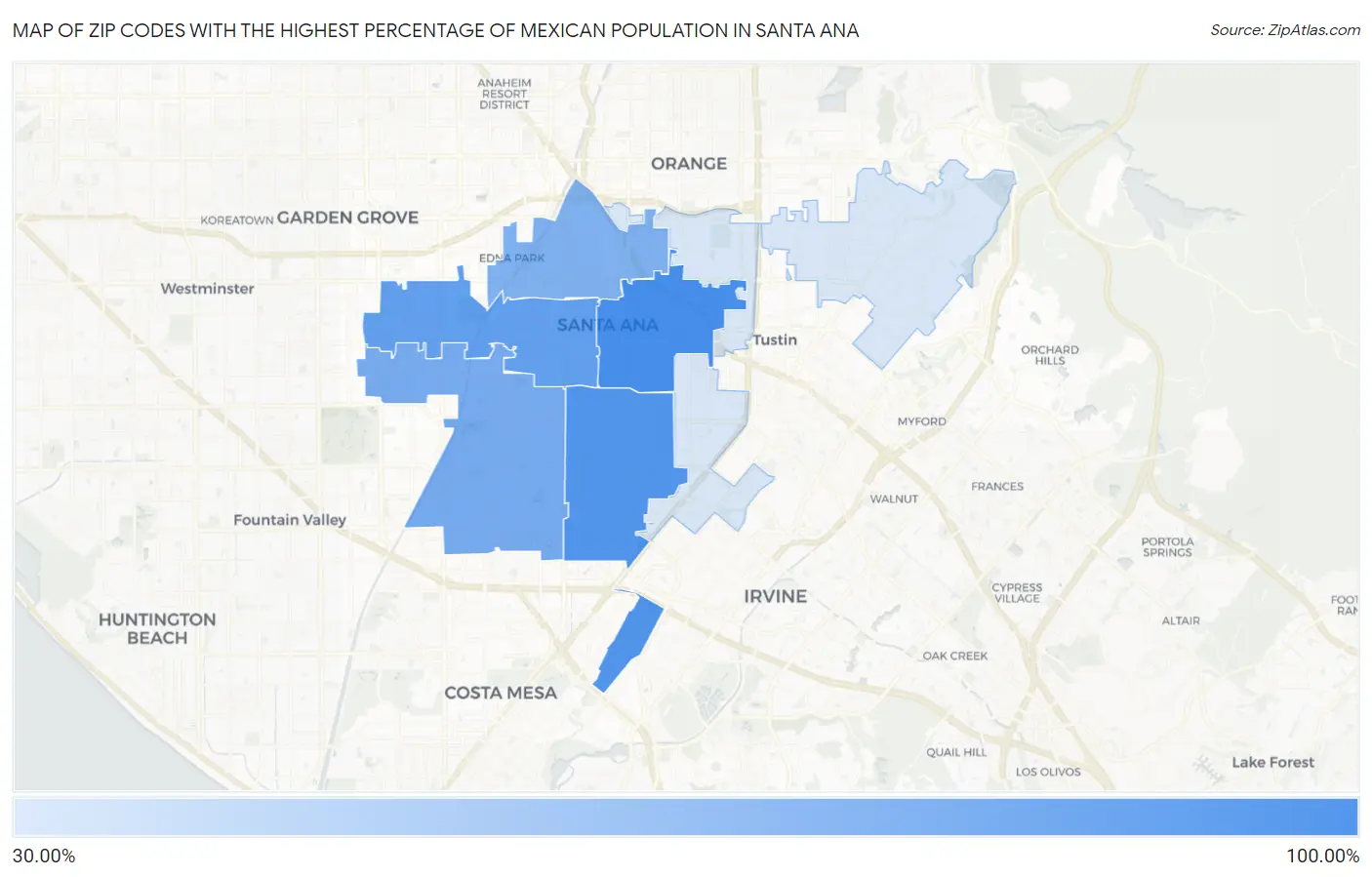 Zip Codes with the Highest Percentage of Mexican Population in Santa Ana Map