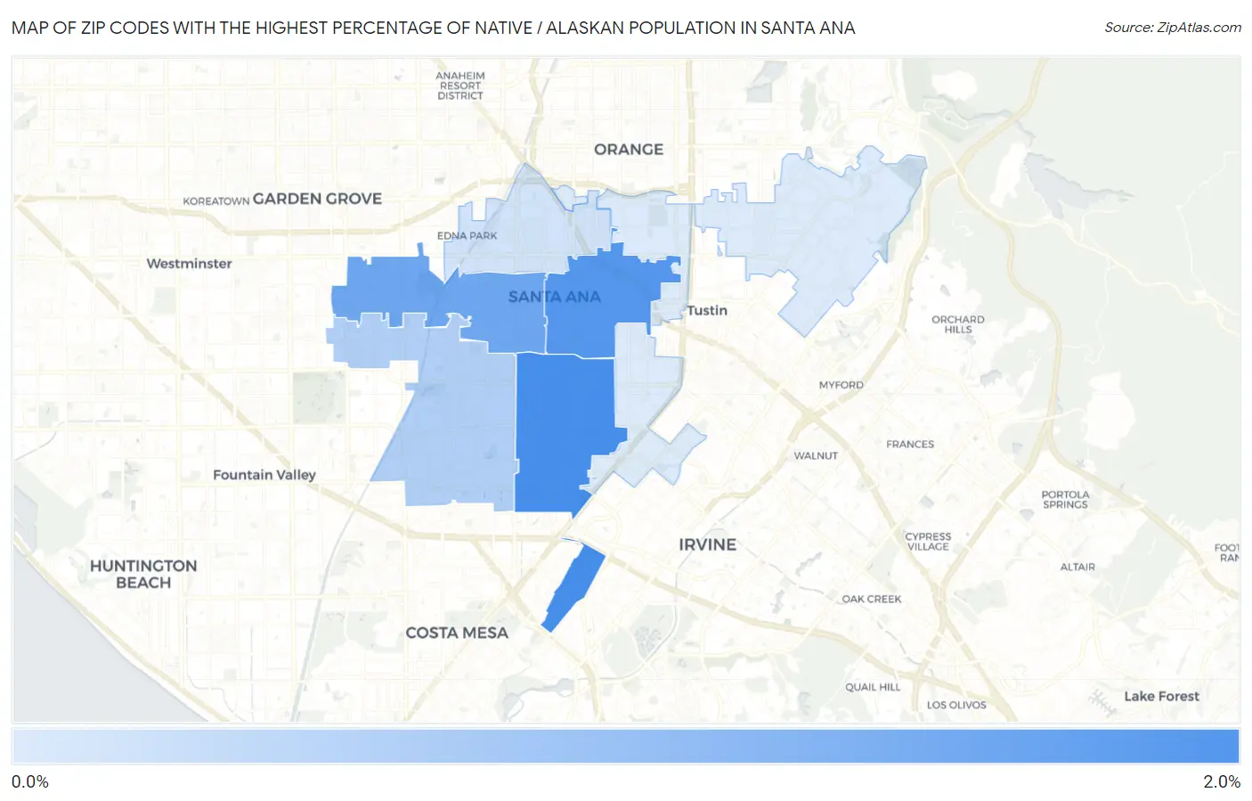 Zip Codes with the Highest Percentage of Native / Alaskan Population in Santa Ana Map