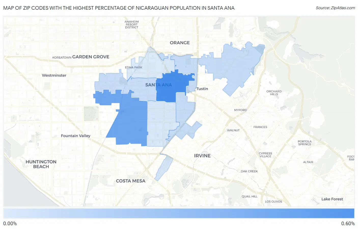 Zip Codes with the Highest Percentage of Nicaraguan Population in Santa Ana Map