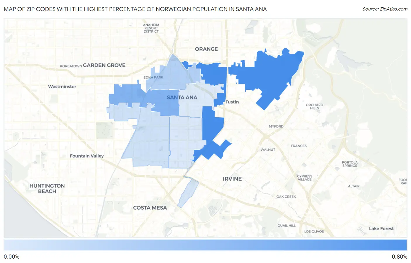 Zip Codes with the Highest Percentage of Norwegian Population in Santa Ana Map