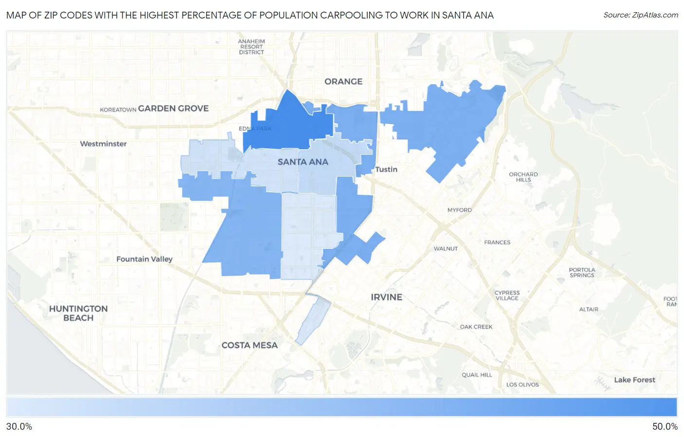 Zip Codes with the Highest Percentage of Population Carpooling to Work in Santa Ana Map