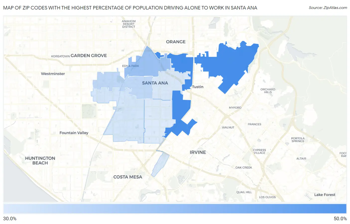 Zip Codes with the Highest Percentage of Population Driving Alone to Work in Santa Ana Map