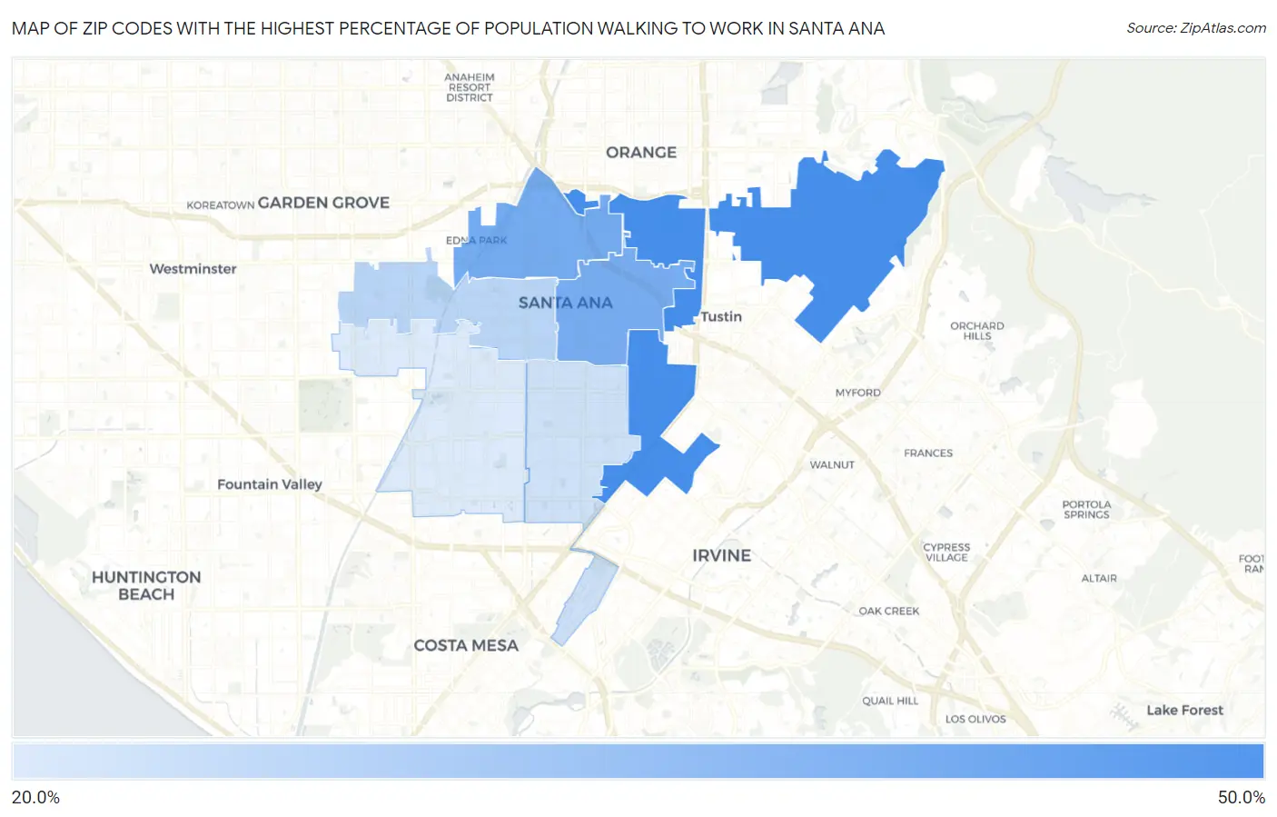 Zip Codes with the Highest Percentage of Population Walking to Work in Santa Ana Map