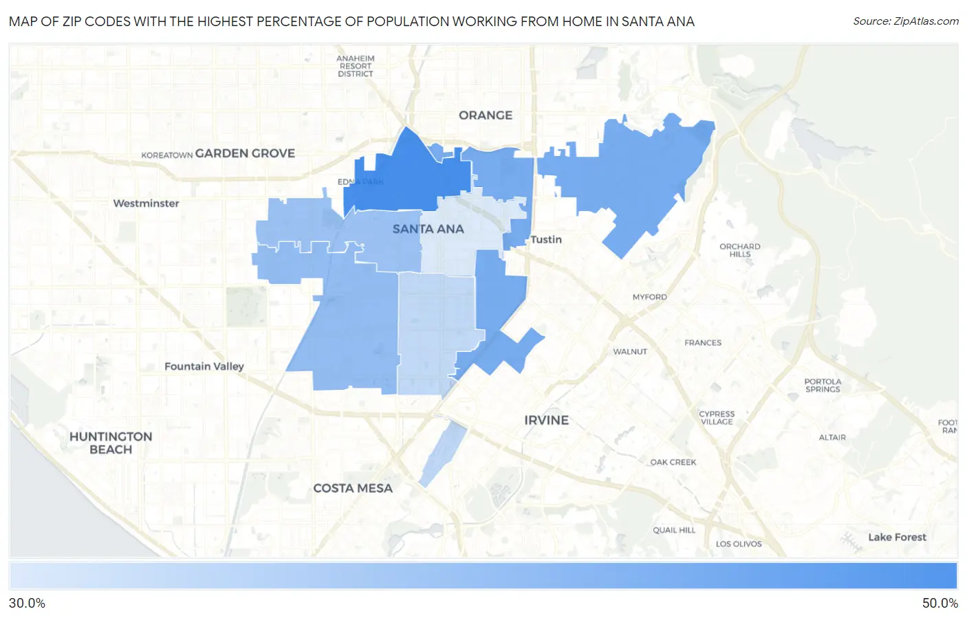 Zip Codes with the Highest Percentage of Population Working from Home in Santa Ana Map