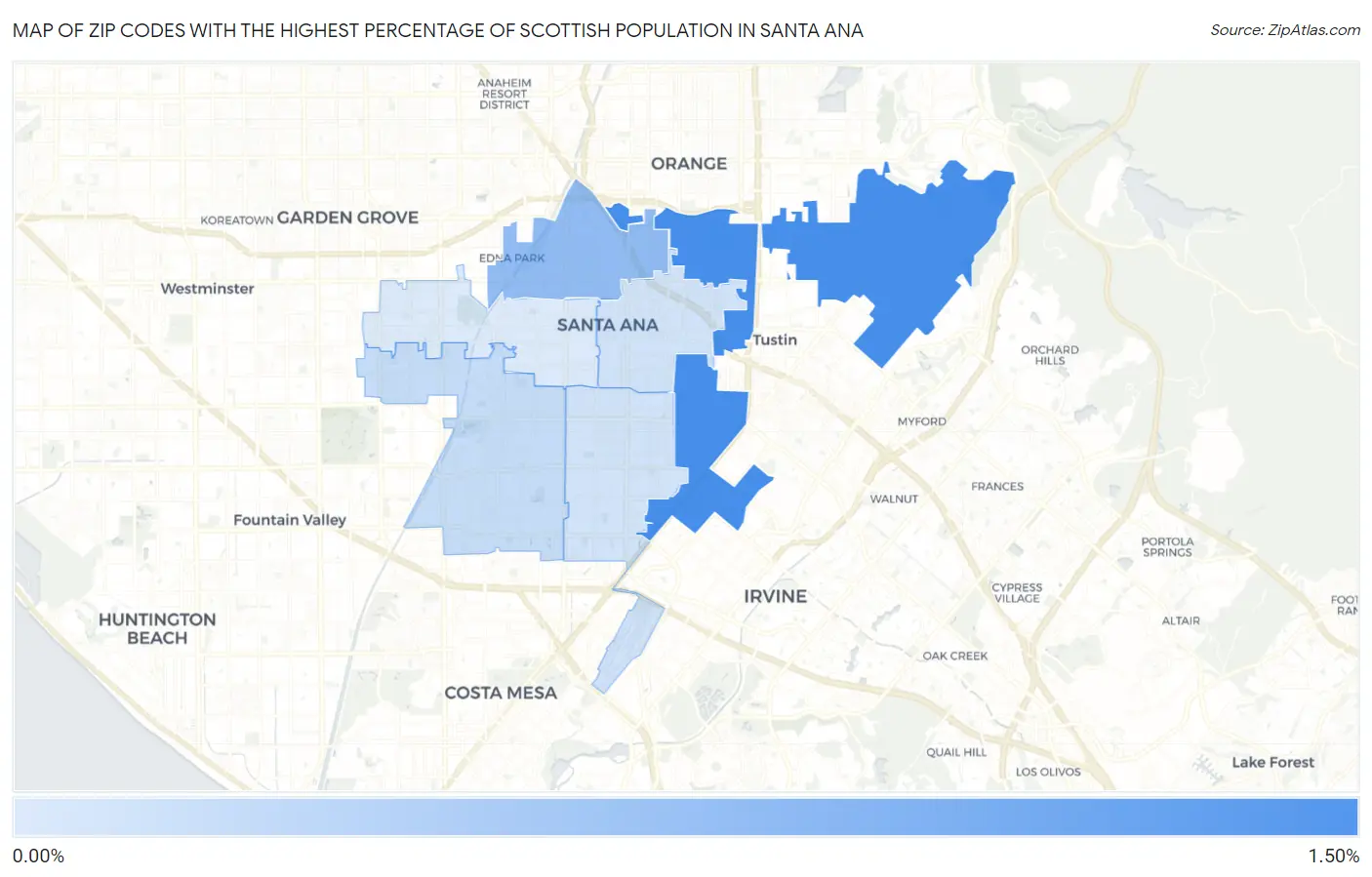 Zip Codes with the Highest Percentage of Scottish Population in Santa Ana Map