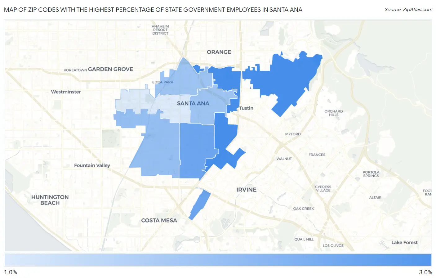 Zip Codes with the Highest Percentage of State Government Employees in Santa Ana Map