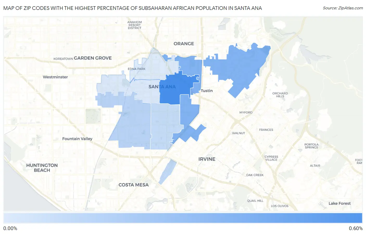 Zip Codes with the Highest Percentage of Subsaharan African Population in Santa Ana Map