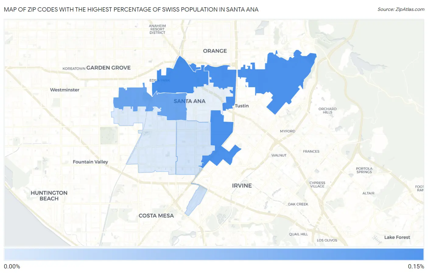 Zip Codes with the Highest Percentage of Swiss Population in Santa Ana Map