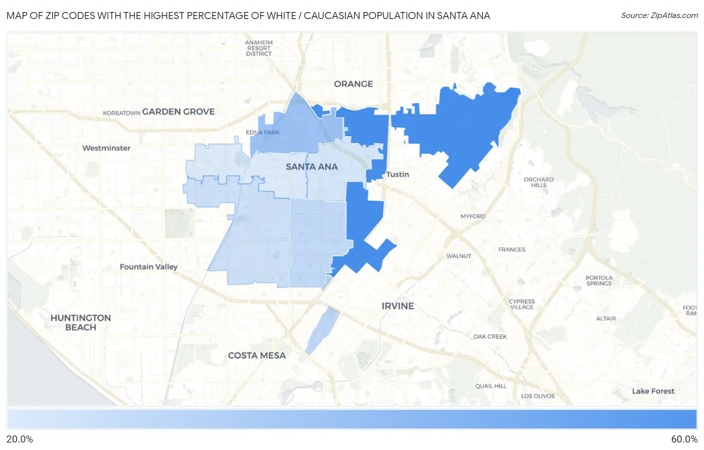 Zip Codes with the Highest Percentage of White / Caucasian Population in Santa Ana Map