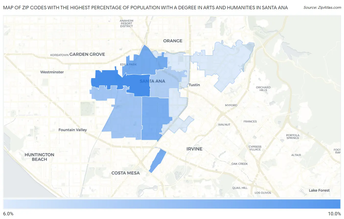 Zip Codes with the Highest Percentage of Population with a Degree in Arts and Humanities in Santa Ana Map