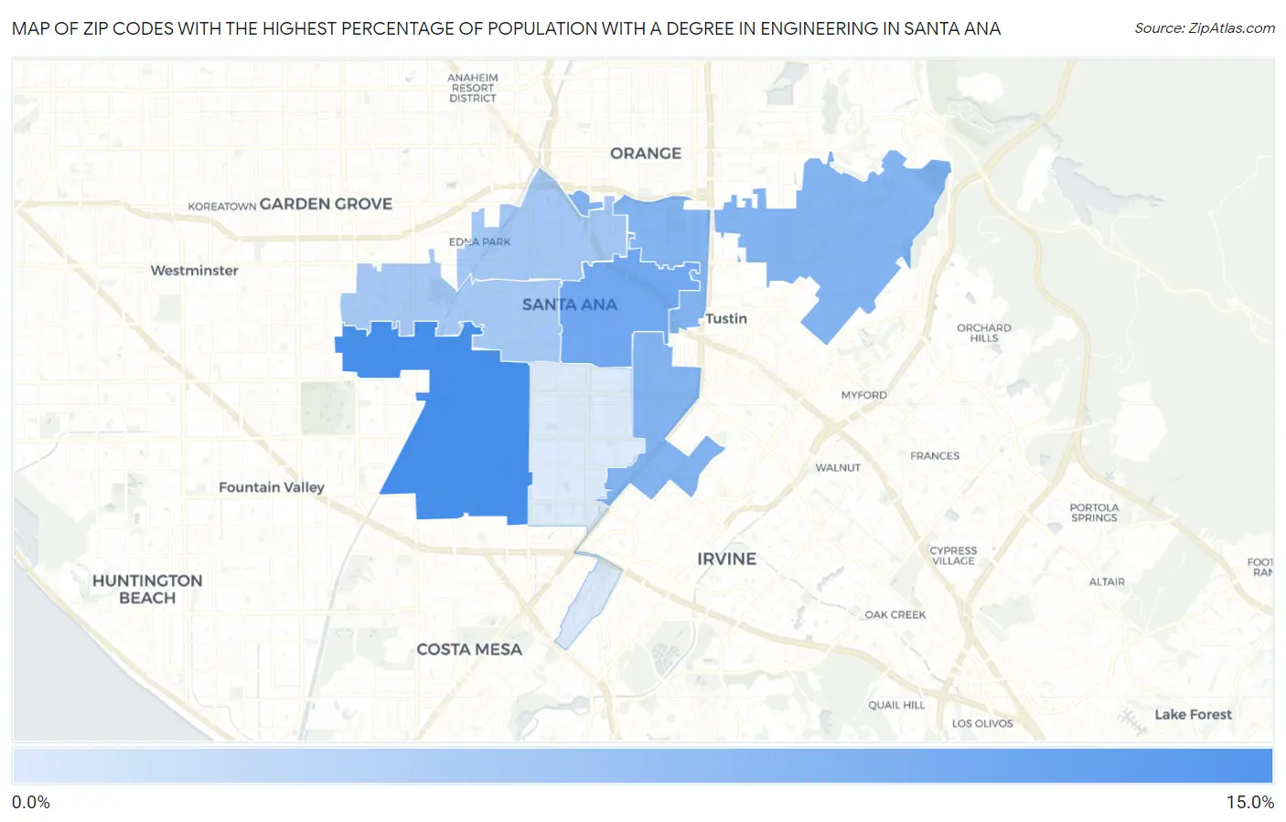 Zip Codes with the Highest Percentage of Population with a Degree in Engineering in Santa Ana Map