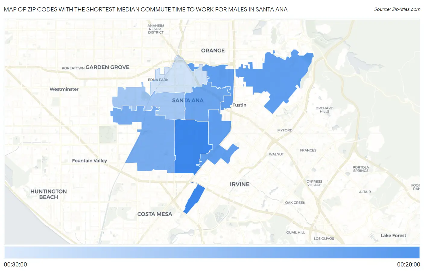 Zip Codes with the Shortest Median Commute Time to Work for Males in Santa Ana Map
