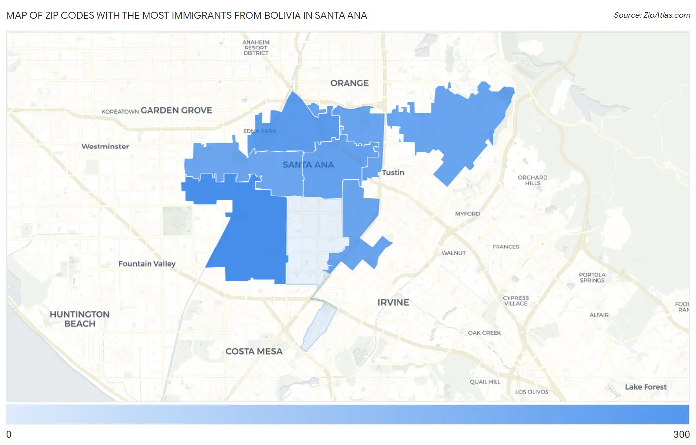Zip Codes with the Most Immigrants from Bolivia in Santa Ana Map