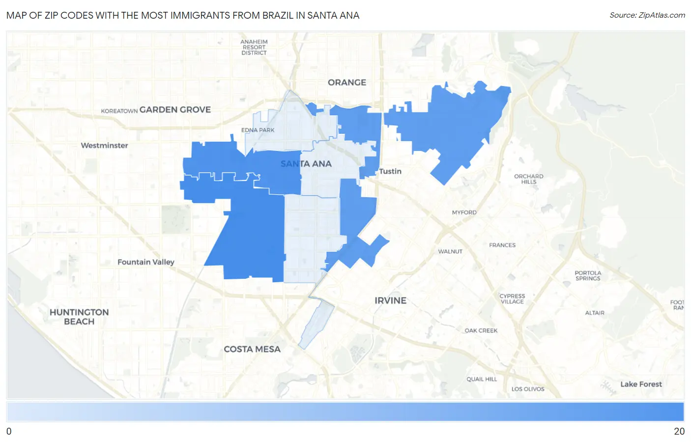 Zip Codes with the Most Immigrants from Brazil in Santa Ana Map