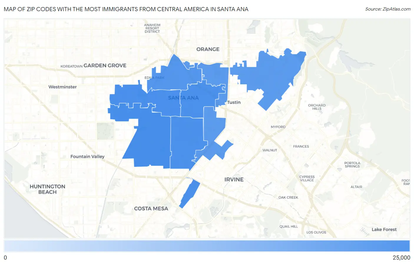 Zip Codes with the Most Immigrants from Central America in Santa Ana Map