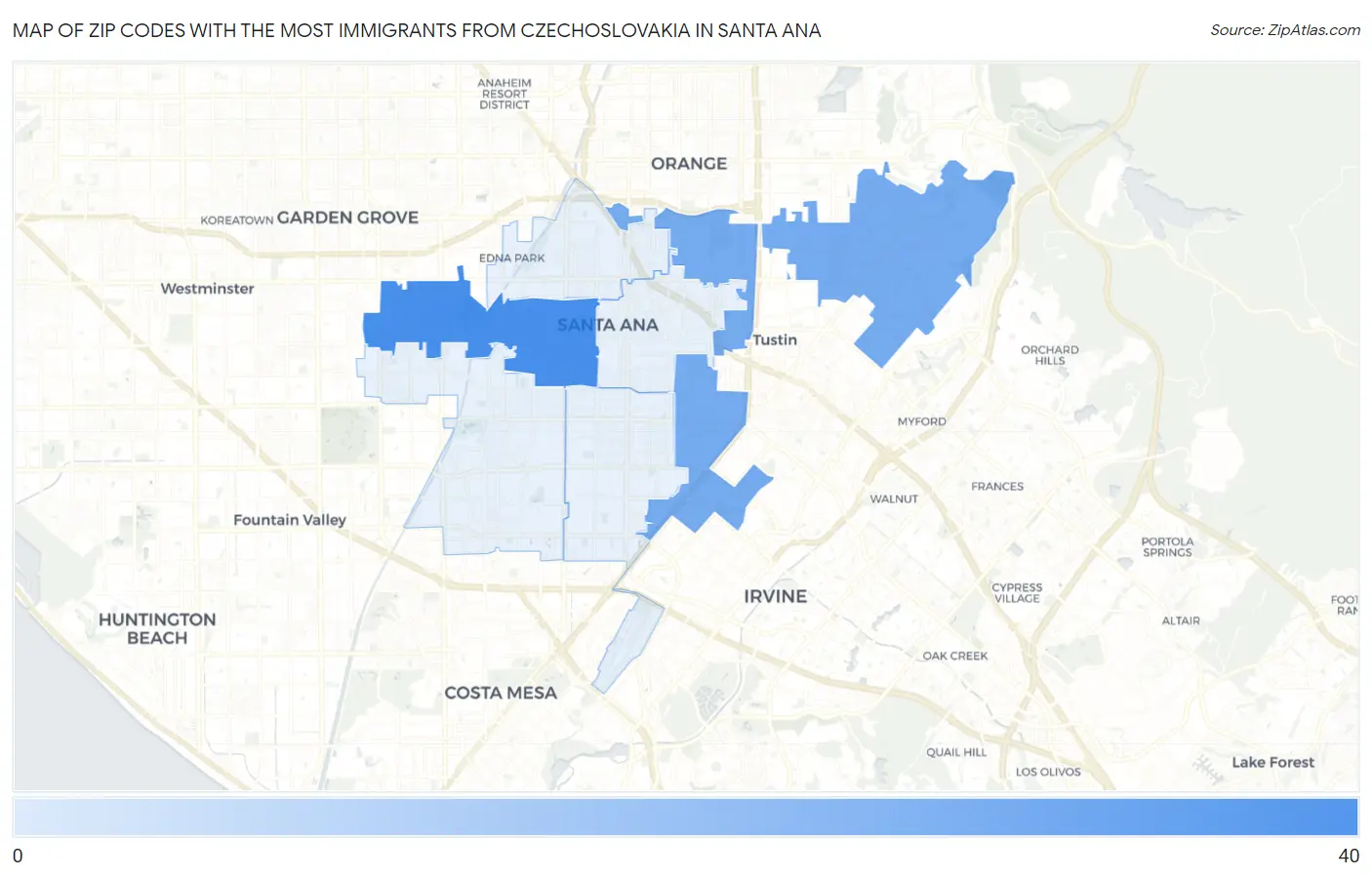Zip Codes with the Most Immigrants from Czechoslovakia in Santa Ana Map