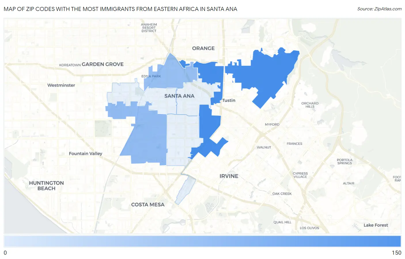 Zip Codes with the Most Immigrants from Eastern Africa in Santa Ana Map