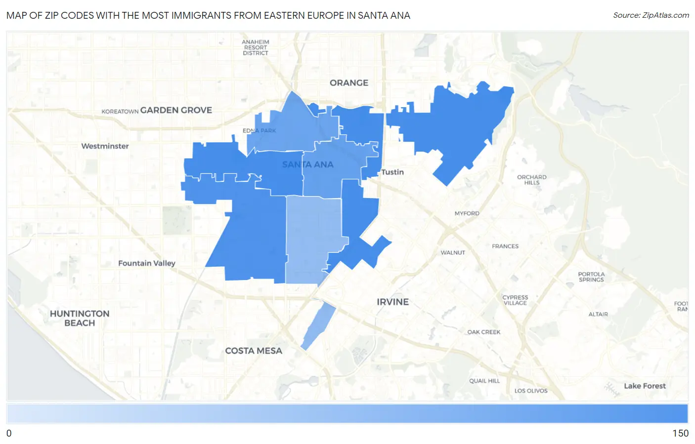 Zip Codes with the Most Immigrants from Eastern Europe in Santa Ana Map