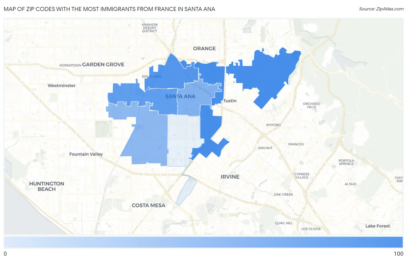 Zip Codes with the Most Immigrants from France in Santa Ana Map