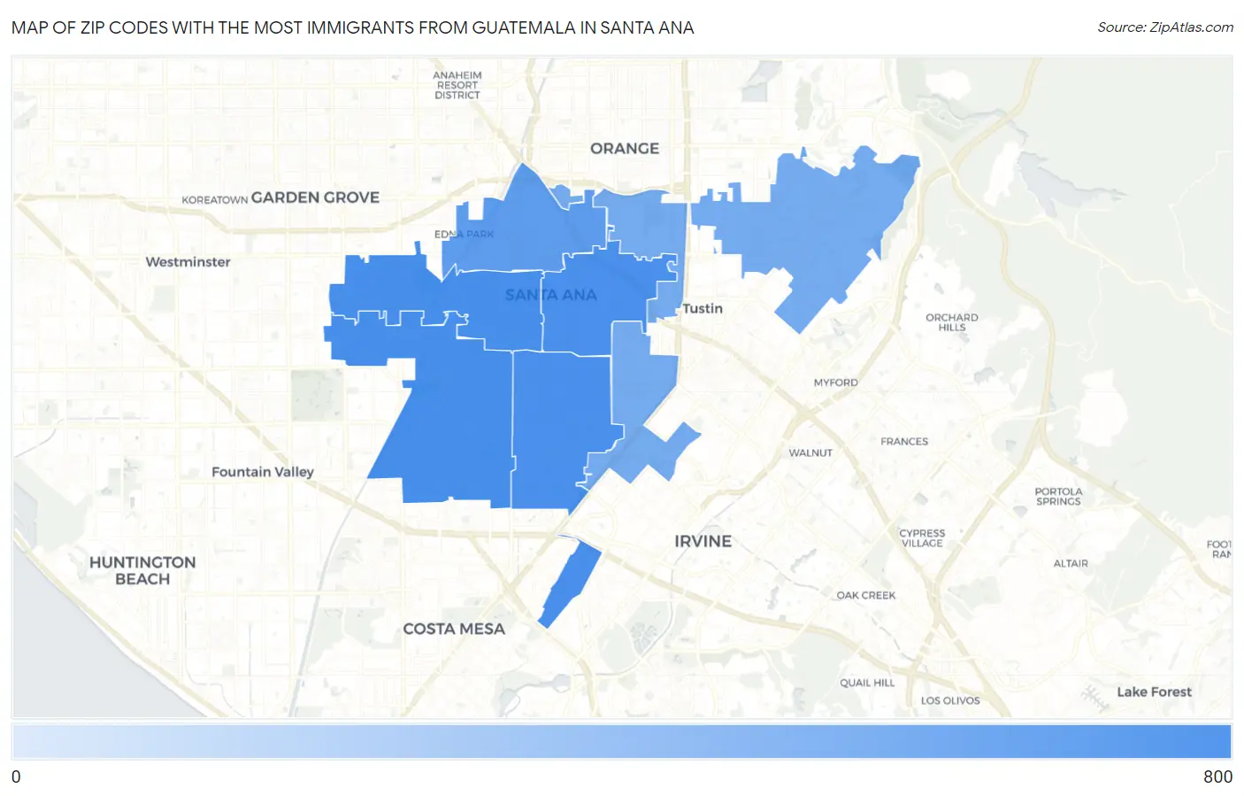 Zip Codes with the Most Immigrants from Guatemala in Santa Ana Map