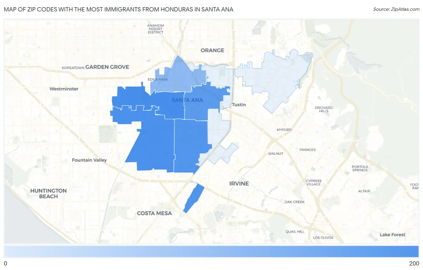 Zip Codes with the Most Immigrants from Honduras in Santa Ana Map